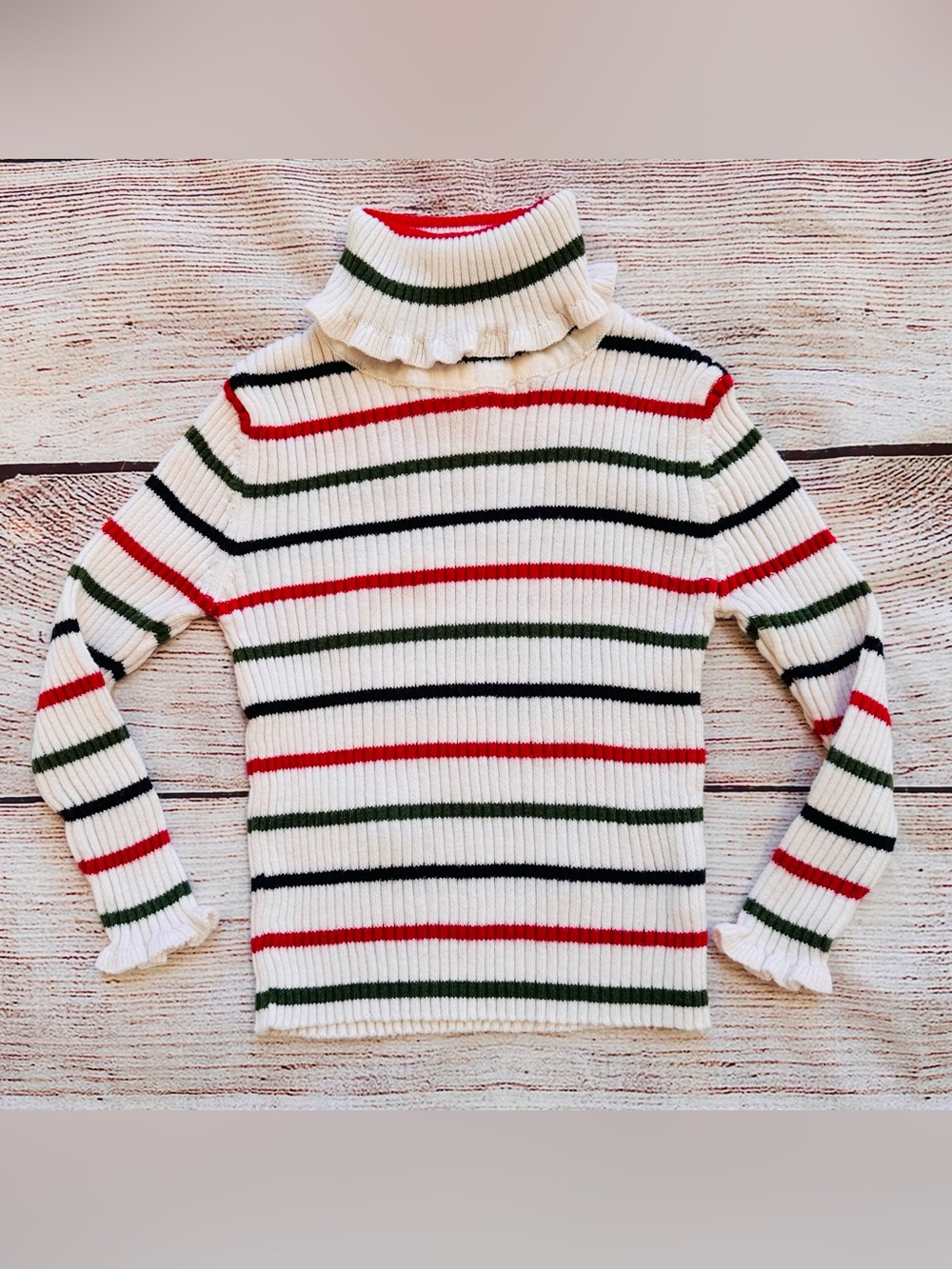 Hartstrings Cream Ribbed Turtleneck Sweater with Red, Green & Black Stripes